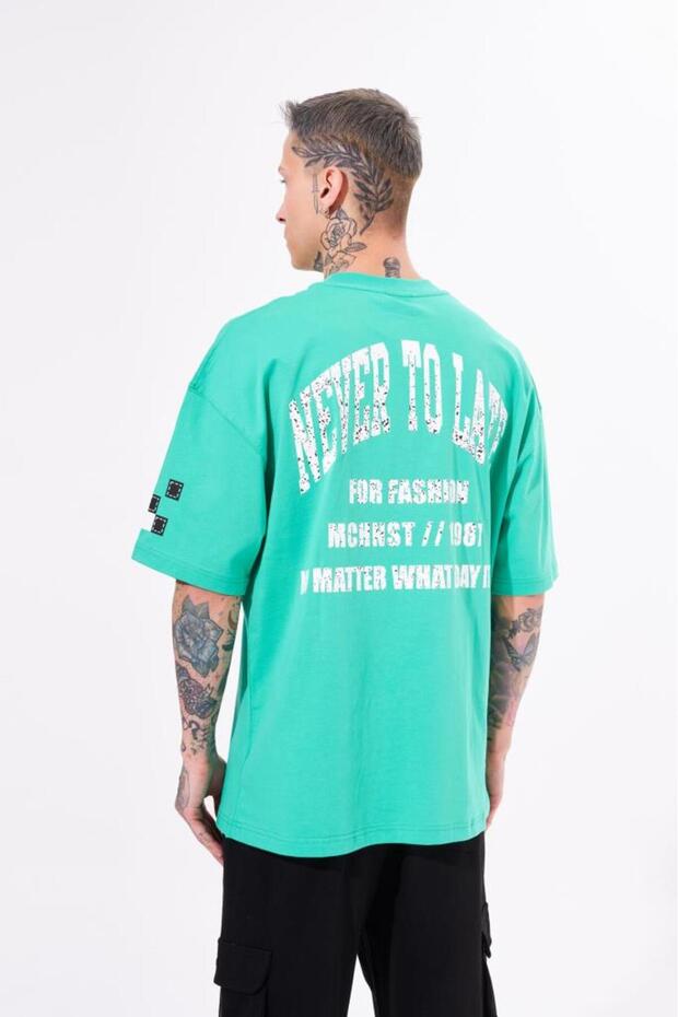 Men's Never Too Late Printed Oversize Light Green T-Shirt