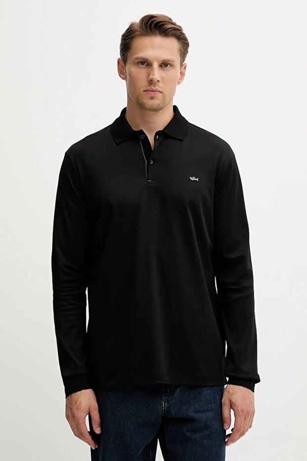 Men's Button Closure Long Sleeve Polo Collar Regular Fit Black-Silver Polo Collar T-Shirt