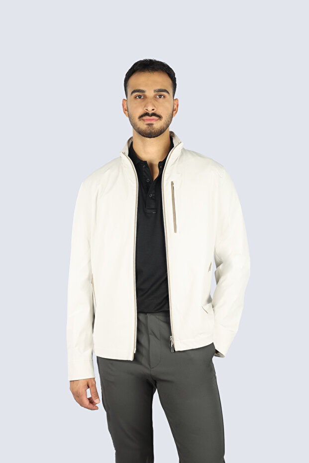 Men's Regular Fit Wind and Water Resistant Hidden Hooded Beige Jacket