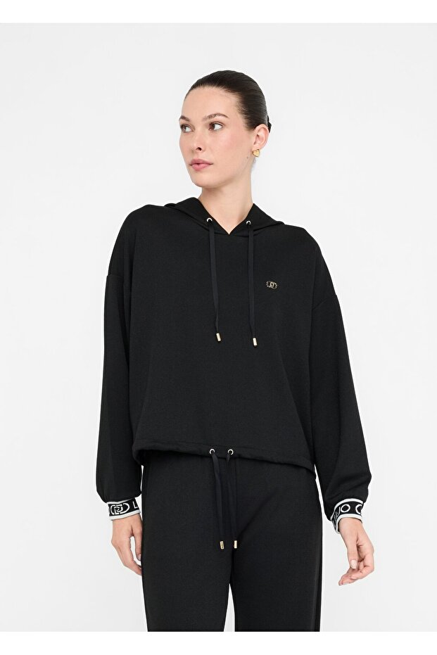 Women's Off-Shoulder Regular Fit Waist Tie Hooded Long Sleeve Black Sweatshirt