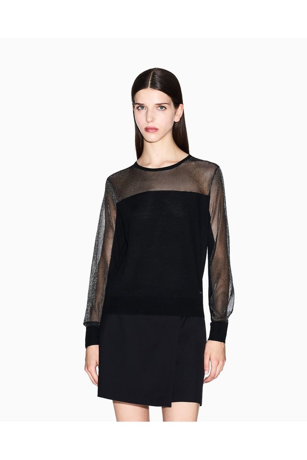 Women's Long Sleeve Top with Transparent Details on Sleeves and Collar Regular Fit Black Sweater