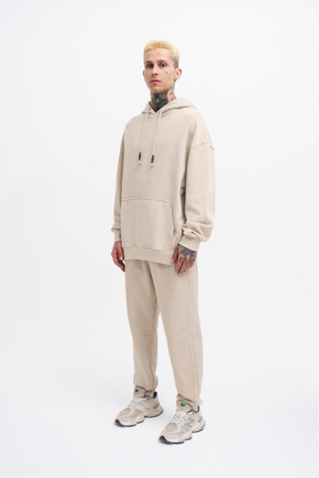Erkek Yıkamalı Basic Kapüşonlu Oversize Sweatshirt Açık Bej - 6