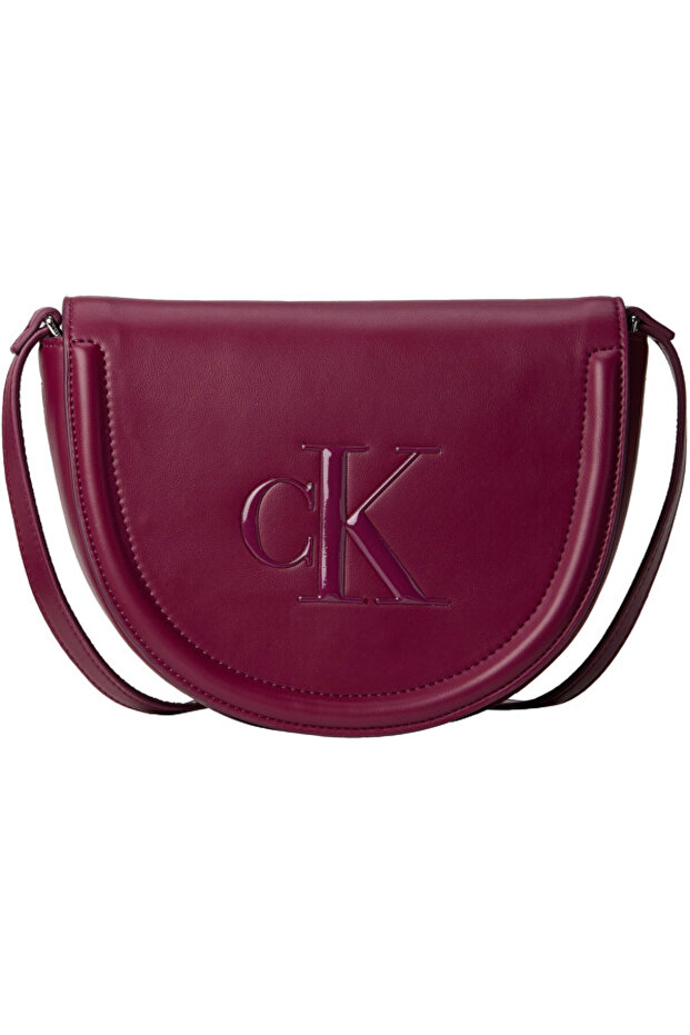 Women's Leather Long Adjustable Handle Ck Lettering Patterned Fuchsia Shoulder Bag