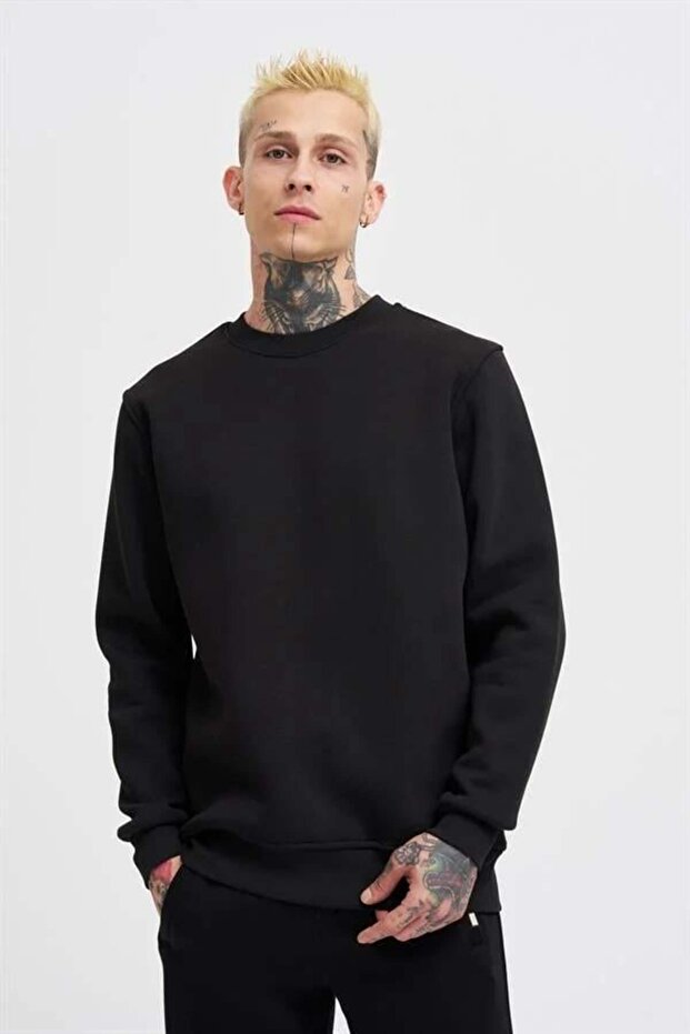 Erkek Regular Bisiklet Yaka Basic Sweatshirt Siyah - 1