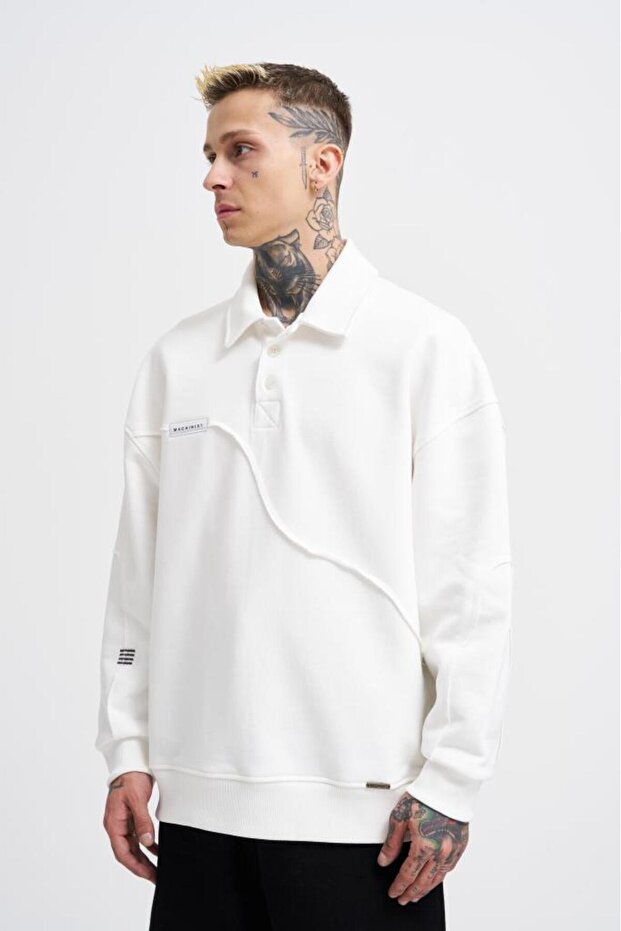 Men's Distressed Stitch Polo Sweatshirt Ecru