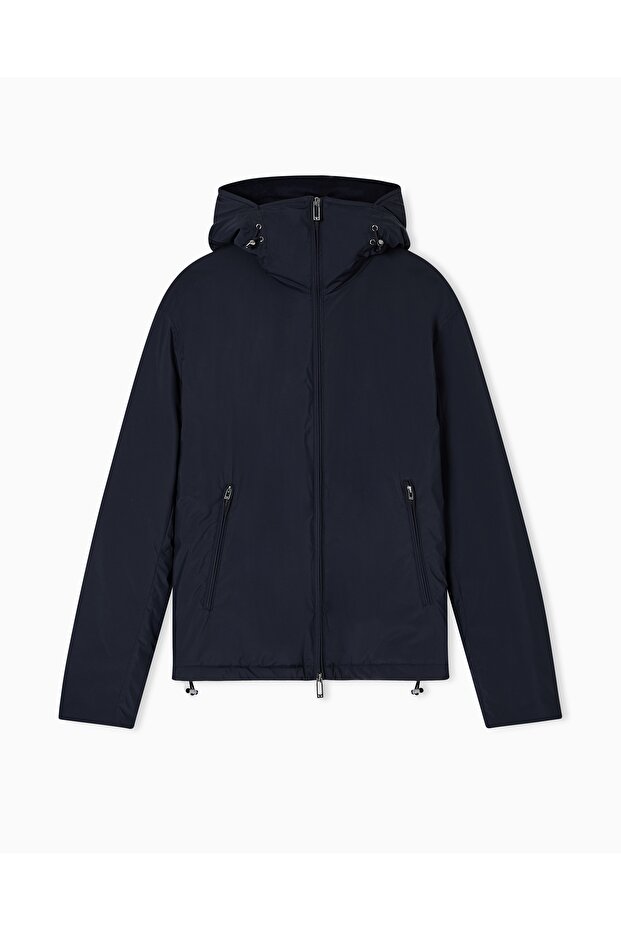 Men's Regular Fit Hooded Water and Wind Resistant Navy Blue Jacket
