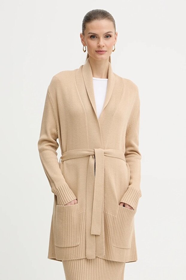 Women's Belted and Pocketed Relaxed Fit Long Sleeve Ecru Cardigan