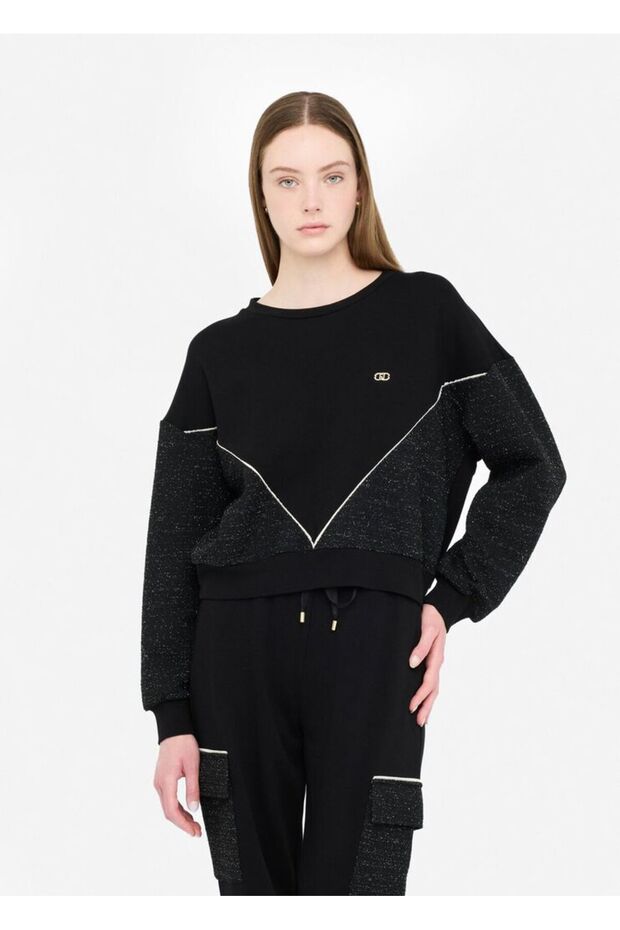 Women's Round Neck Wide Fit Patterned Long Sleeve Black Sweatshirt