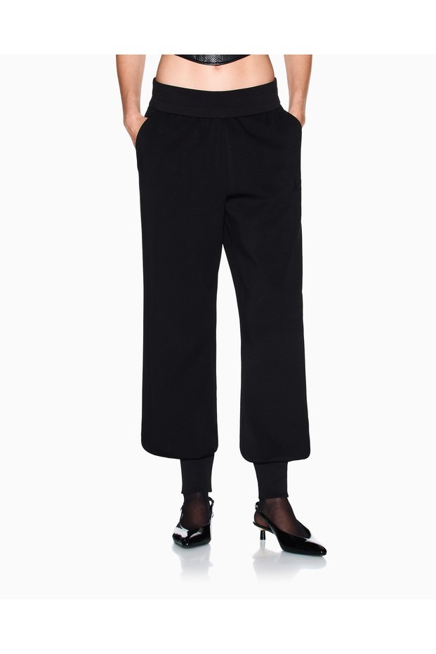 Women's Comfortable Fit Black Trousers with Elastic Waist and Cuffs and Logo Print