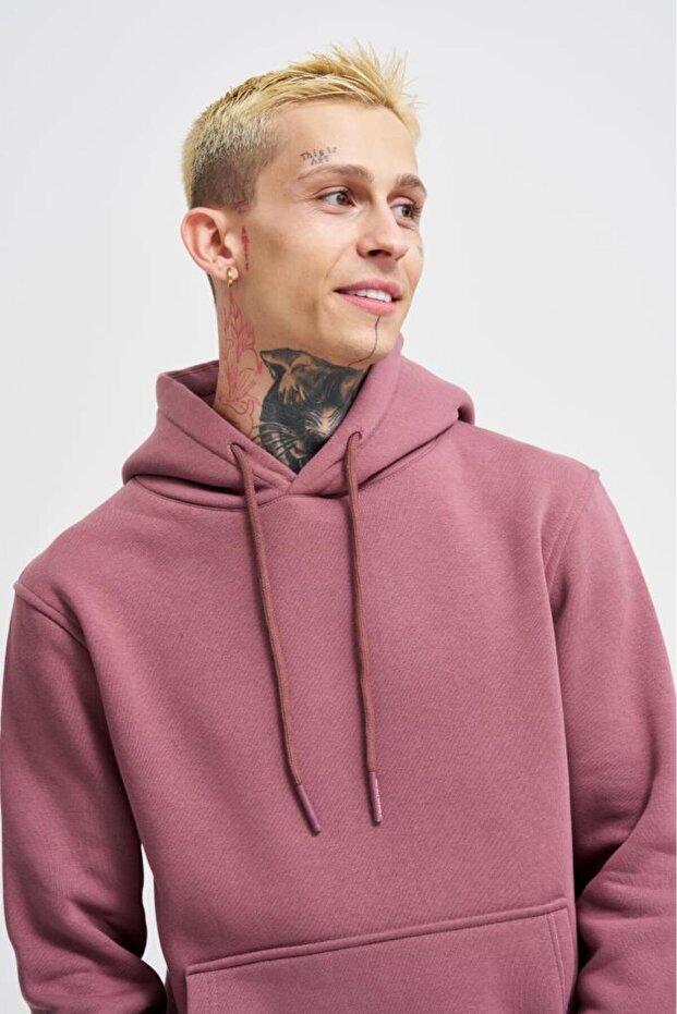 Erkek Regular Basic Kapüşonlu Sweatshirt Mürdüm - 2