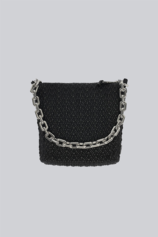 Women's Logo Embossed Thick Chain Strap Zippered Black Shoulder Bag