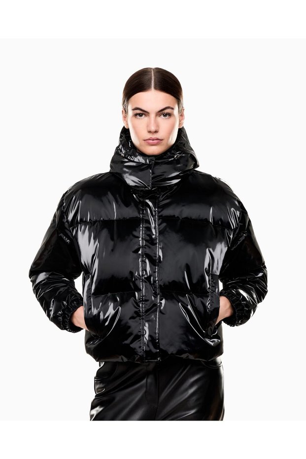 Women's Shiny Fabric Long Sleeve Hooded Collar Puffer Pocket Detail Black Jacket