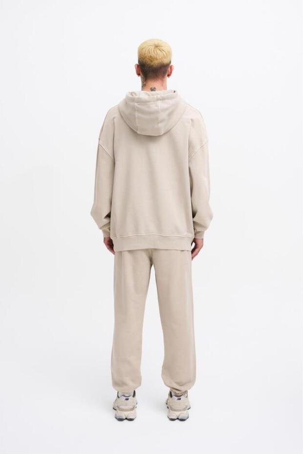 Erkek Yıkamalı Basic Kapüşonlu Oversize Sweatshirt Açık Bej - 8