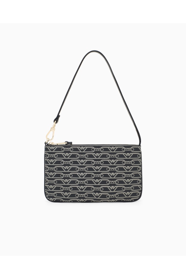 Women's Monogram Armani Eagle Printed Black Shoulder Bag with Inner Pocket and Detachable Short Strap