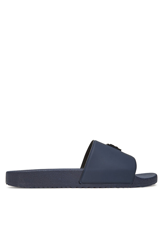Men's Comfortable Flat Sole Brand Logo Patterned Navy Blue Slippers