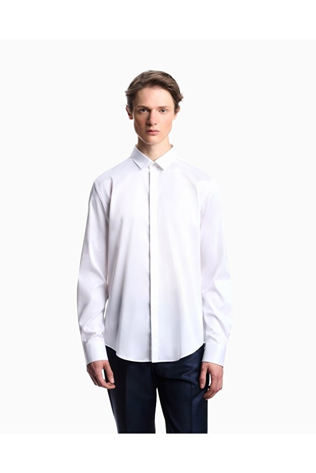 Men's Regular Fit Long Sleeve Button Closure Cotton White Shirt