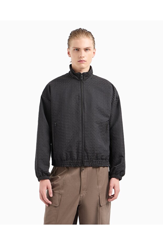 Men's Regular Fit Stand Collar Low Shoulder Four-In-One Textured Brand Logo Jacquard Gray Coat