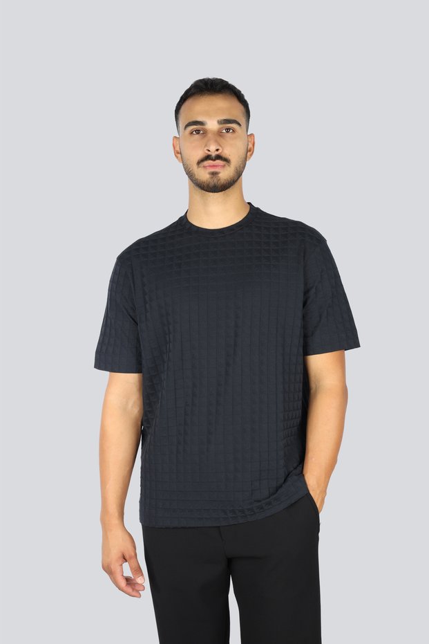 Men's Cotton Jersey Fabric Embossed Square Motif Round Neck Short Sleeve Blue T-Shirt