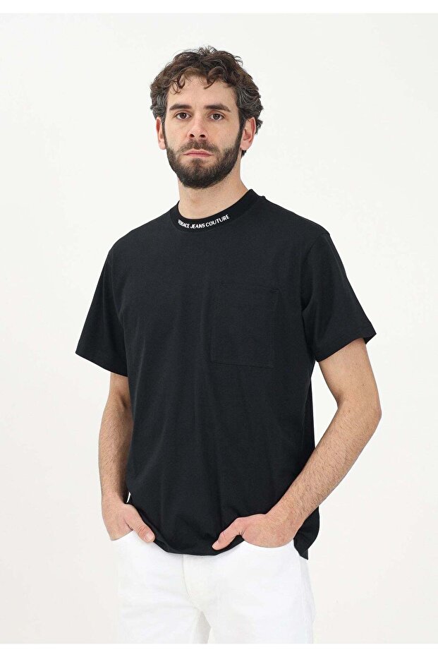 Men's Round Neck Short Sleeve Black T-Shirt with Logo Detail on the Collar