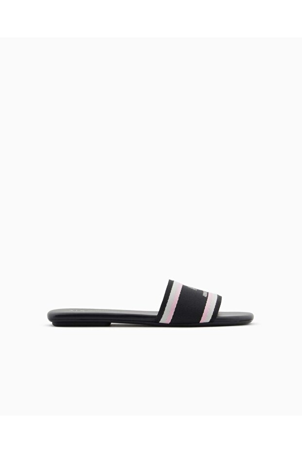 Women's Upper Surface Stripe Line Detailed Mini Heel Embossed Black Slippers Xdp056 Xv922-00002