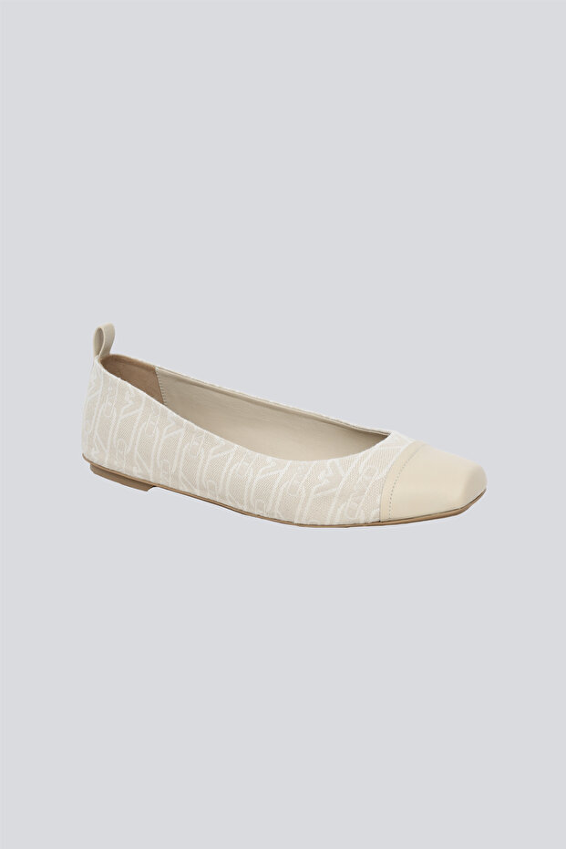 Women's Round Leather Toe Eagle Logo Patterned Beige Ballerinas