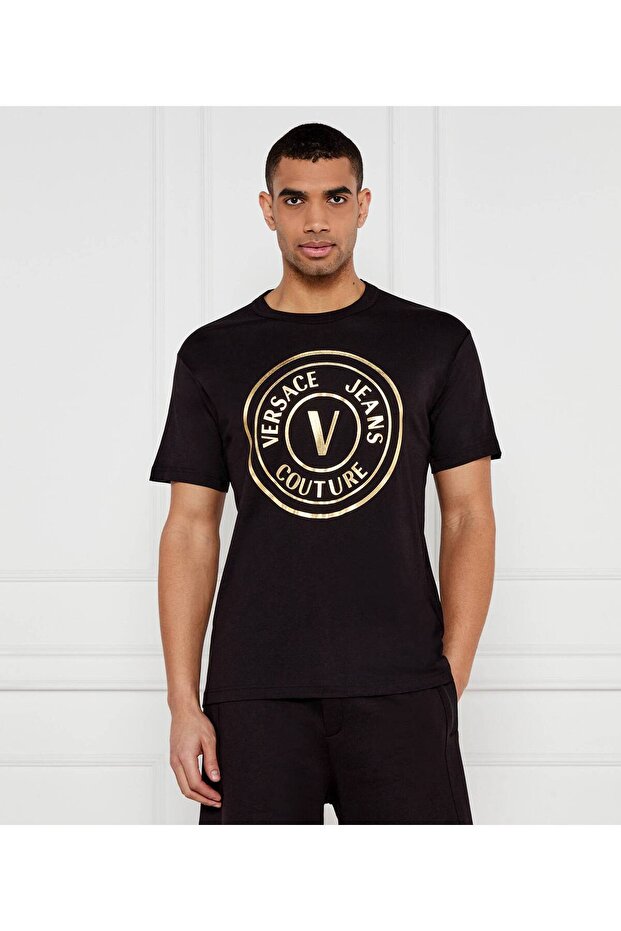 Men's Regular Fit Logo Printed Short Sleeve Black-Gold T-Shirt