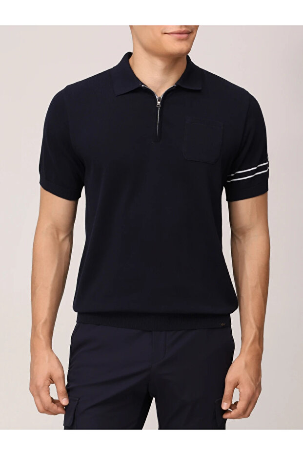 Men's Regular Fit Half Zipper Sleeves Stripe Pattern Short Sleeve Navy Blue-White Polo Neck T-Shirt