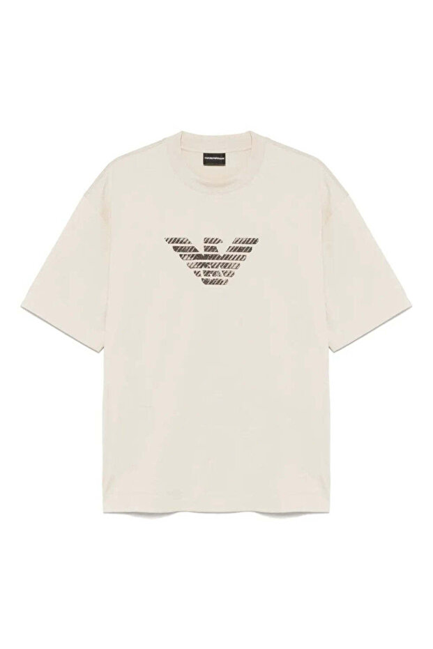 Men's Oversized Short Sleeve Motif Patterned Beige T-Shirt