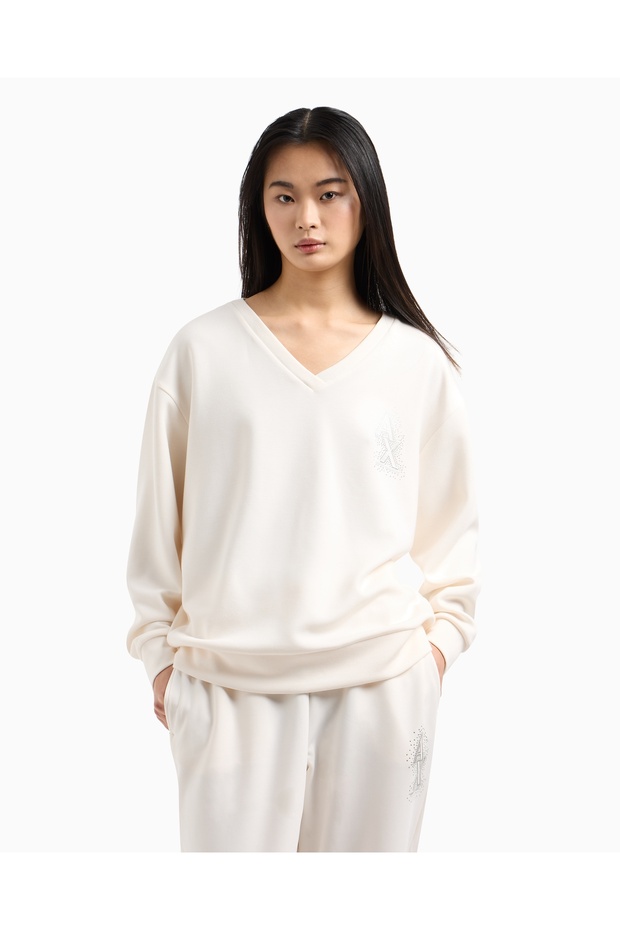 Women's Comfortable Fit V-Neck Rhinestone Embellished Ax Logo Long Sleeve Ecru Sweatshirt