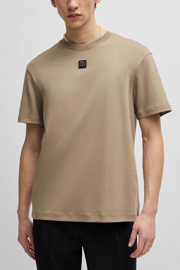 Erkek Sıfır Yaka Marka Logolu Bej T-Shirt - 1