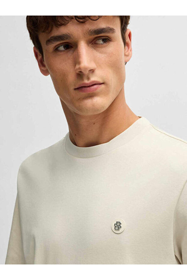 Erkek Regular Fit Bisiklet Yaka Marka Logolu Bej T-Shirt - 3