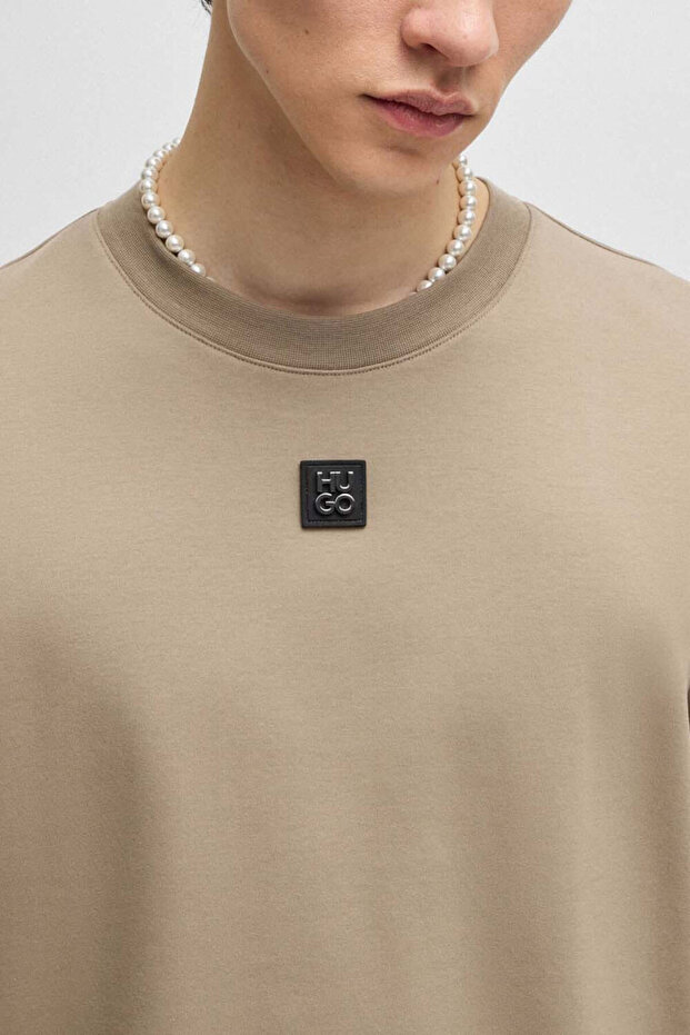 Erkek Sıfır Yaka Marka Logolu Bej T-Shirt - 4