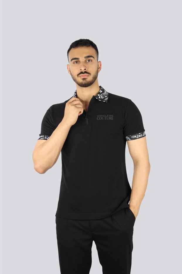 Men's Polo Collar Short Sleeve T-Shirt with Zipper Detail in Black