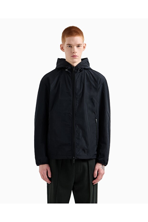 Men's Regular Fit Wind and Rain Resistant Hooded Long Sleeve Navy Blue Coat