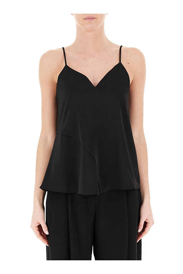 Women's Matte Satin Fabric Black T-Shirt with Wide Bottom and Thin Shoulder Straps