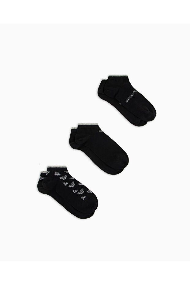 Men's Flexible Cotton Fabric Jacquard Ankle-Length 3-Piece Black1 Socks