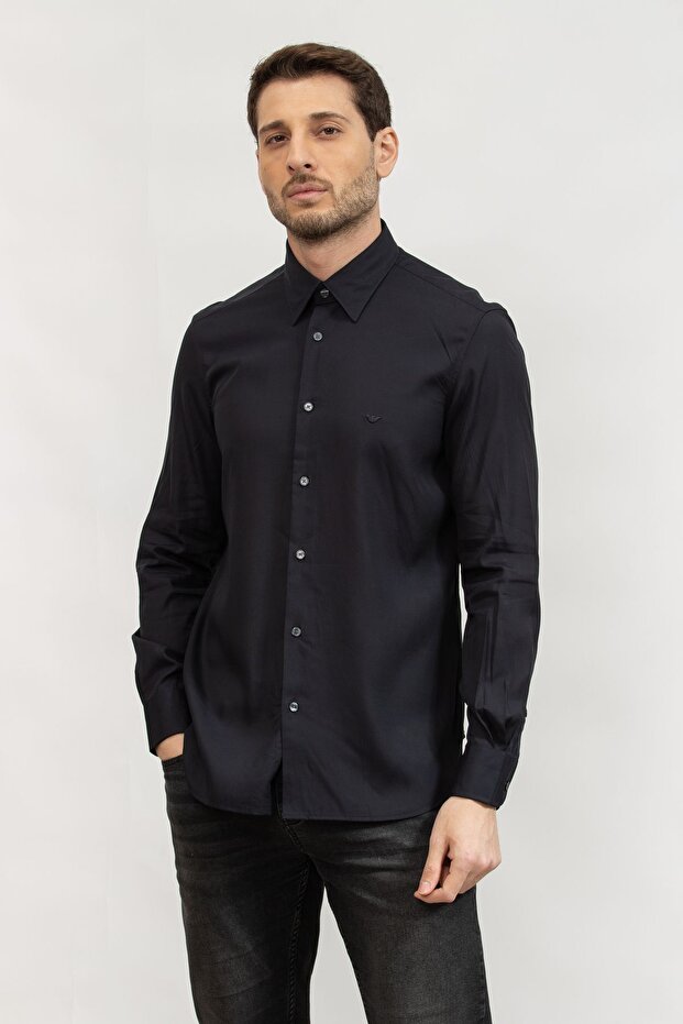 Men's Cotton Long Sleeve Button Closure Navy Blue Shirt