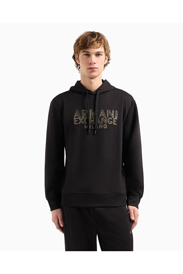 Men's Contrast Logo Regular Fit Hooded Cotton Long Sleeve Black Sweatshirt