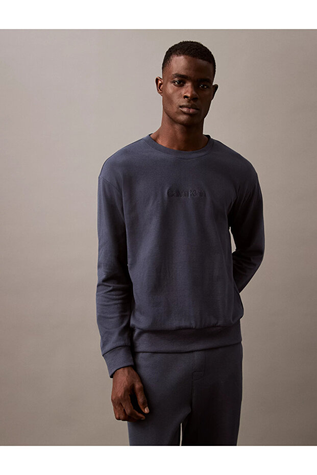 Men's Crew Neck Printed Relaxed Fit Casual Blue Sweatshirt