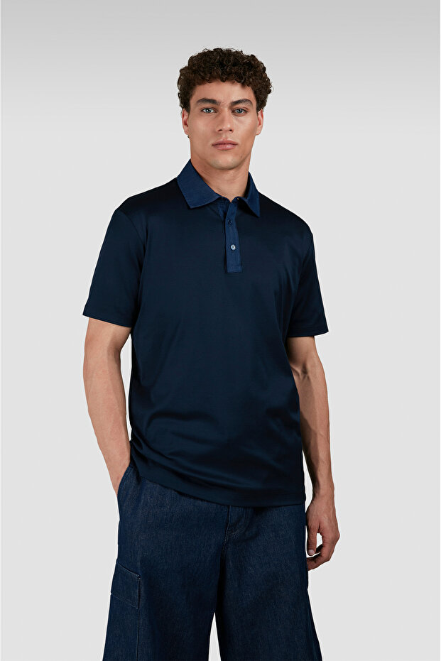 Men's Regular Fit 100% Cotton Short Sleeve Navy Blue Polo Collar T-Shirt