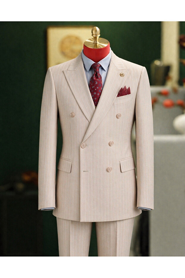 Modern Striped Sportswear, Italian Cut, Men's Double-Breasted Summer Suit Cream