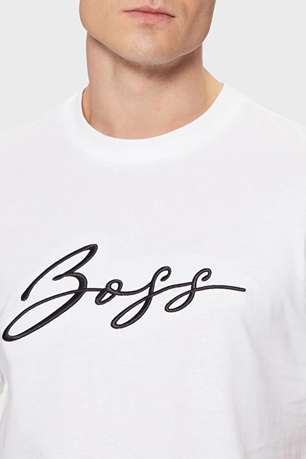 Erkek Regular Fit Yazılı Logolu Yuvarlak Yaka Kısa Kollu Pamuklu Jarse Beyaz T-Shirt - 4