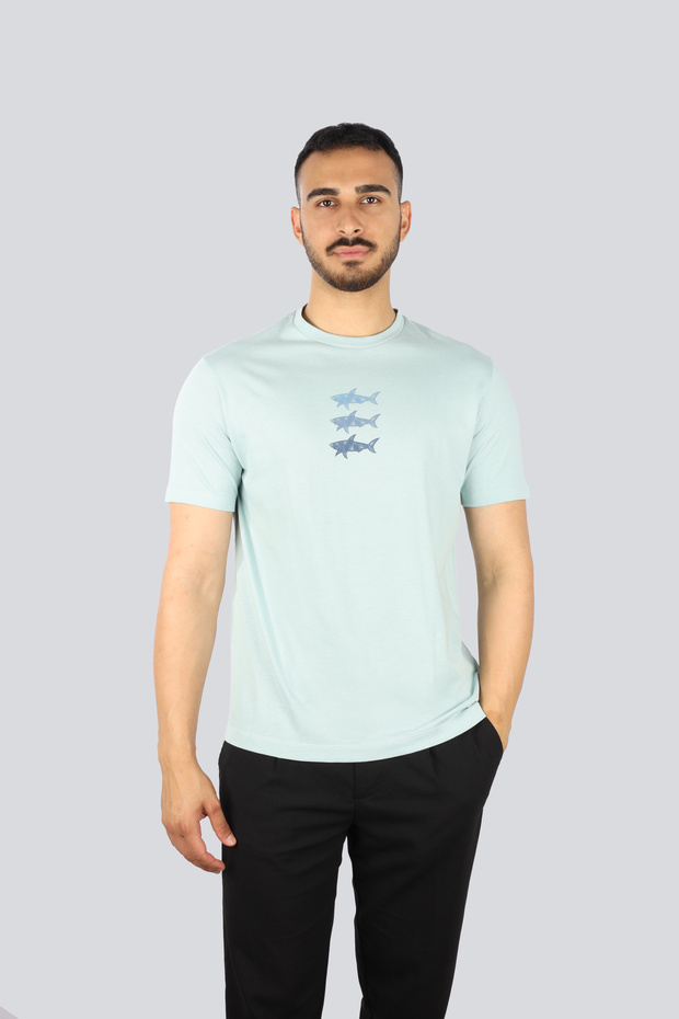 Men's Short Sleeve Crew Neck Three Fish Pattern Blue T-Shirt