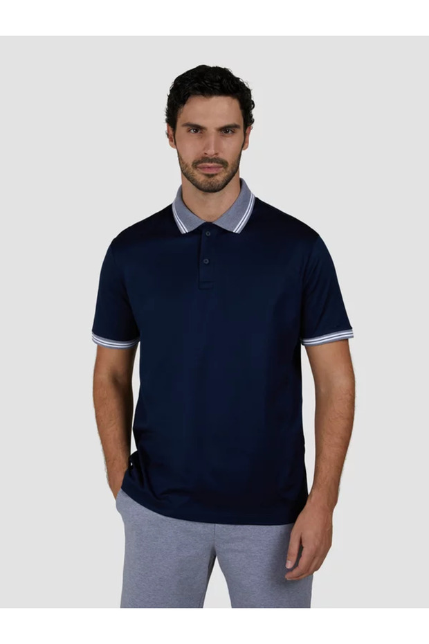 Men's Regular Fit Collar and Sleeves Striped Cotton Short Sleeve Navy Blue Polo Neck T-Shirt