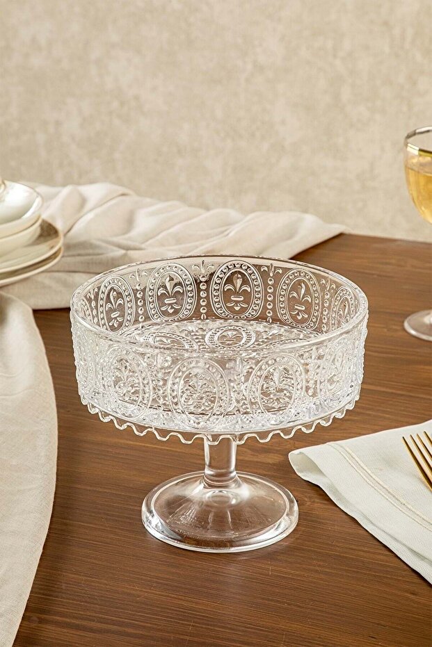 Handmade Transparent Glass Round Standing Presentation Bowl Presentation Bowl 19x15 Cm