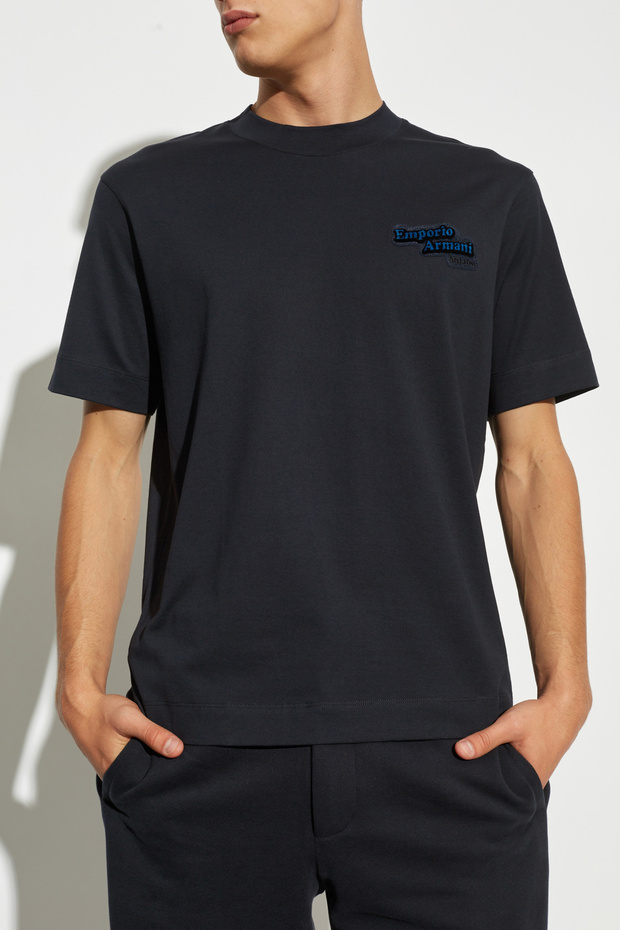 Men's Brand Logo Organic Cotton Short Sleeve Navy Blue T-Shirt