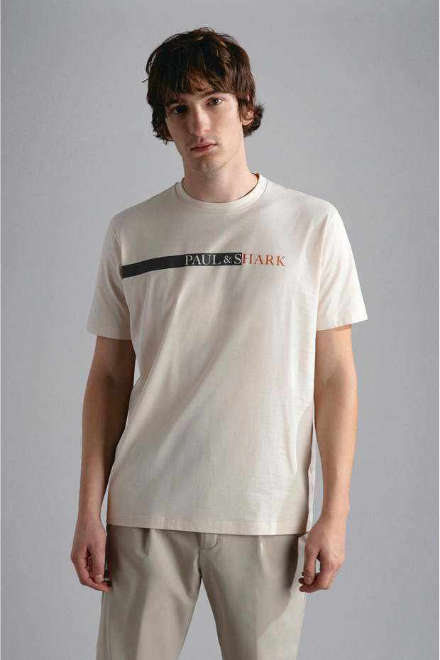 Men's Brand Logo Cotton Regular Fit Casual Beige T-Shirt