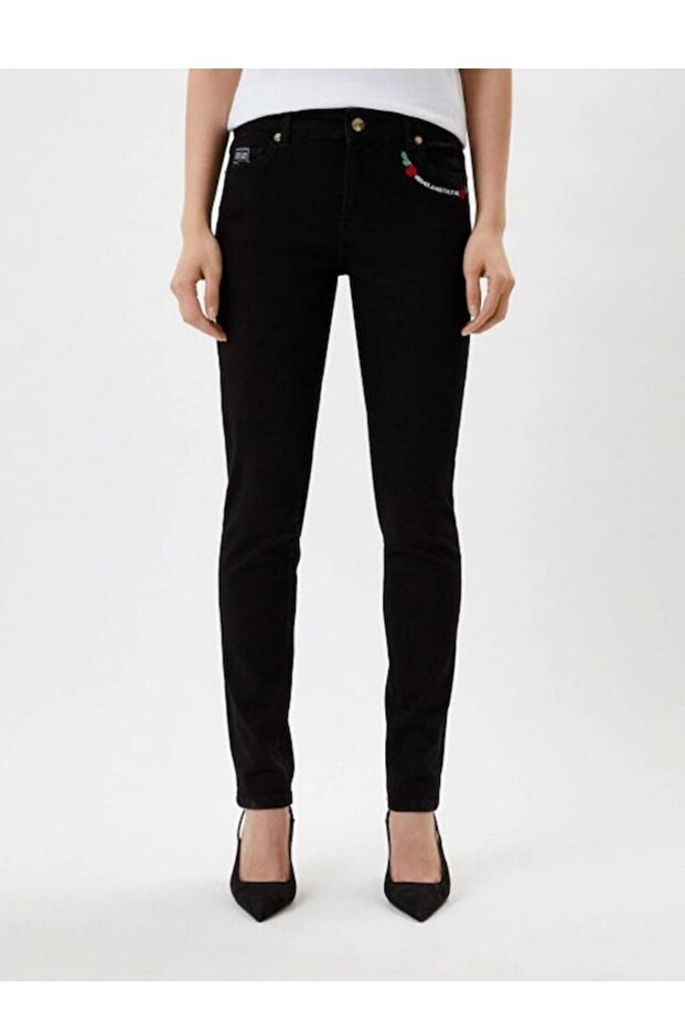 Women's Logo and Rose Printed Skinny Black Pants