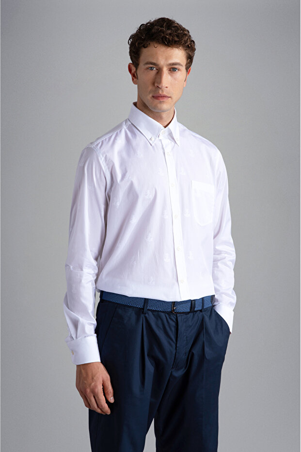 Men's Brand Logo Buttoned Long Sleeve White Shirt