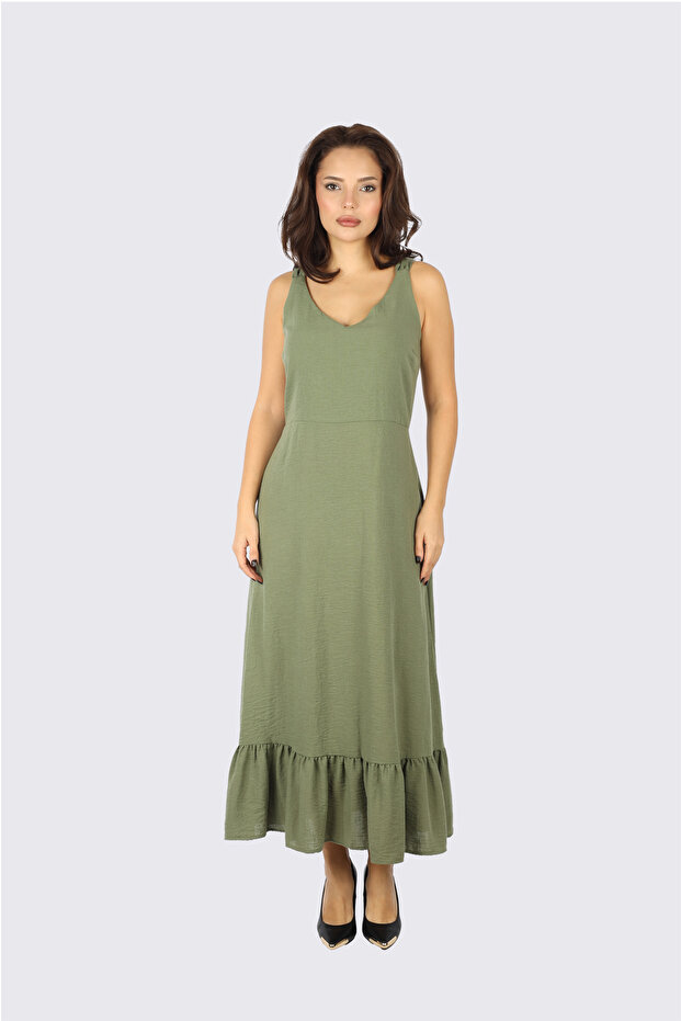 Women's Regular Fit V-Neck Sleeveless Flowy Hem Khaki Dress